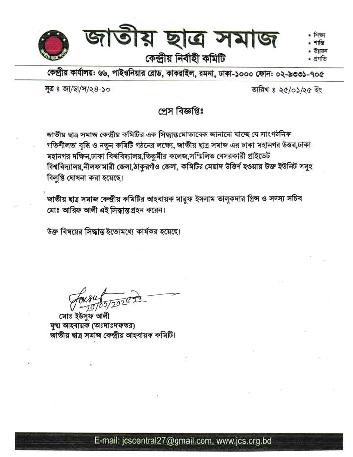 জাতীয় ছাত্র সমাজের বিভিন্ন ইউনিট কমিটি বিলুপ্ত